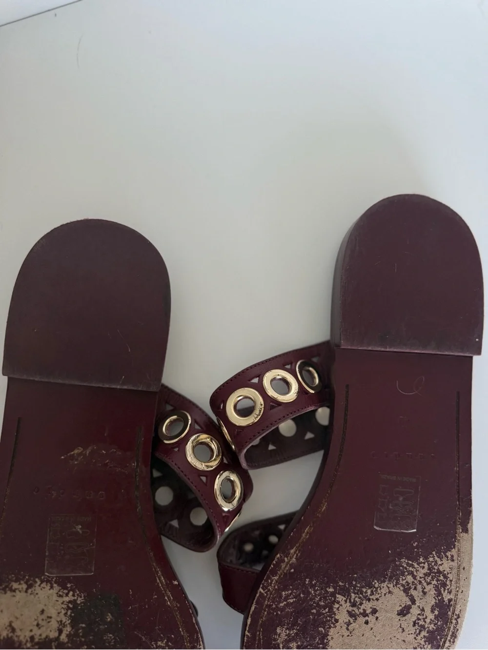 Sandro Burgundy Leather Grommet Gladiator Sandals EU40 US 9 Gold Stud Flat Slide